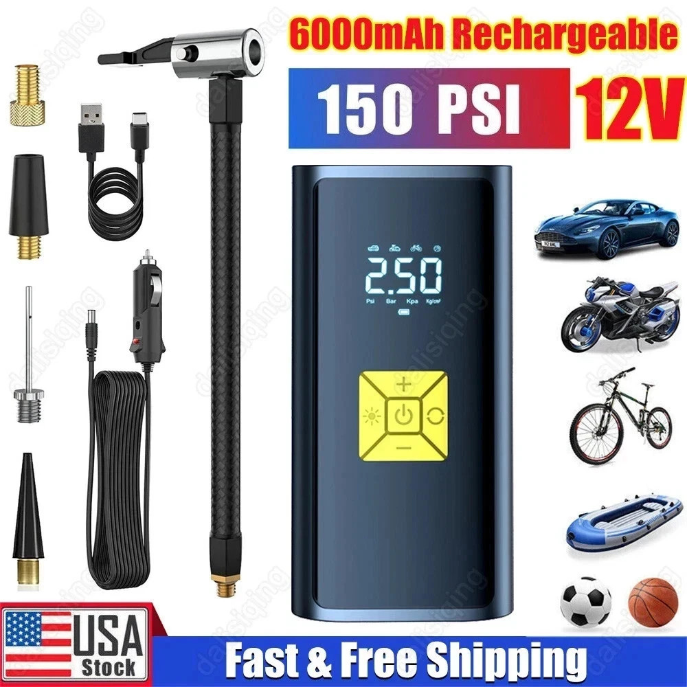 150 PSI Air Compressor Tire Inflator Fits Car Moto Bike Tires Air Pump Cordless