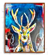 LMNOP Art Original Canvas Painting Deer Neo Expressionism Modern Graffiti 16x20