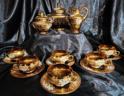 BOHEMIA 大皿　35cm Vintage Bohemia Czech Amber Glass & 24K Gold Gilt Tea Set – 15 Pc