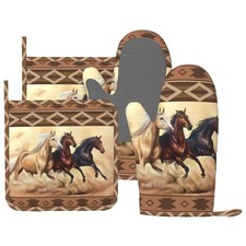 Western Horse Oven Mitts and Pot Holders Set Silicone Azetc Boho Ethnic Style...
