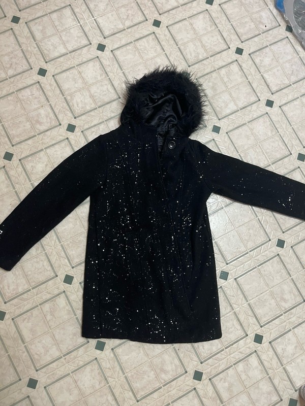 Children’s Place Girls Size 10-12 L Black Hooded, Sequin Long Peacoat