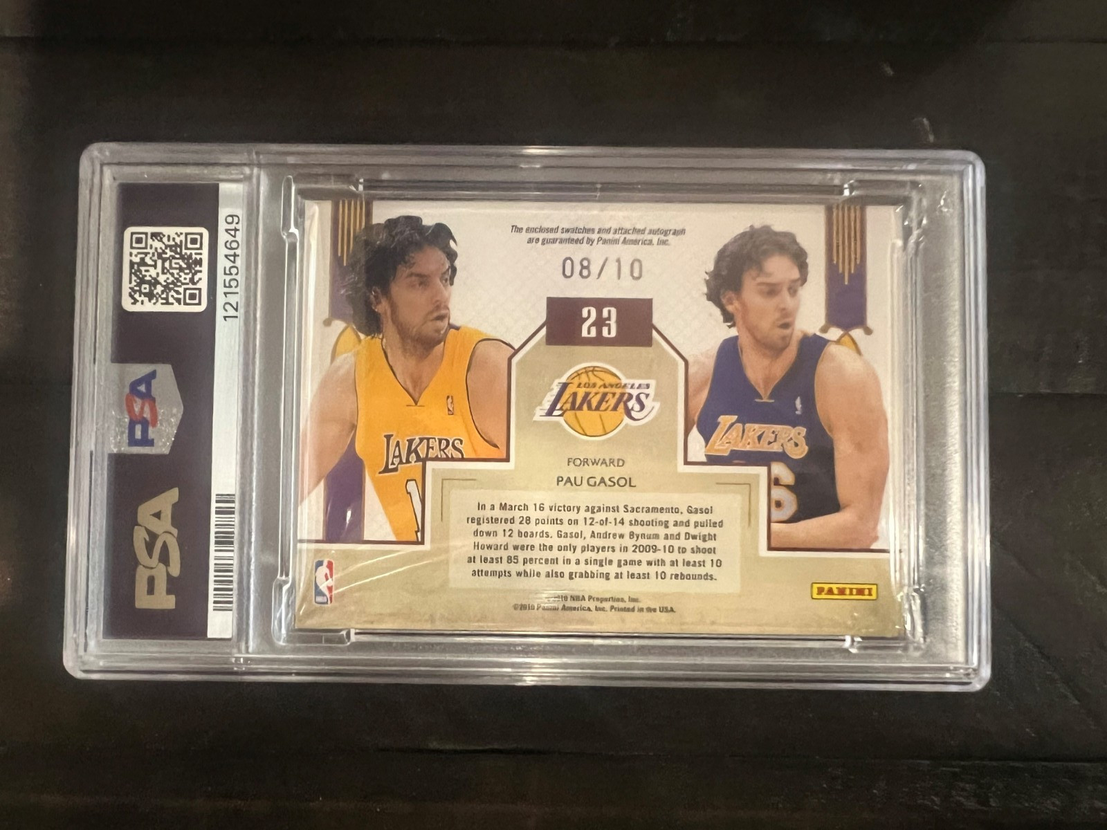 2010 Panini Timeless Treasures Pau Gasol Jersey Relic Auto /10 PSA 9 Basketball view 2