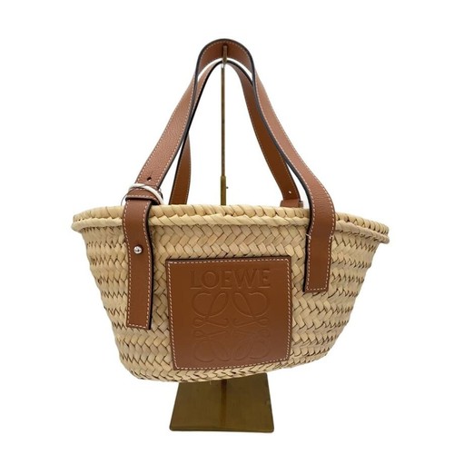 LOEWE Beige Leather Handbag Embossed Logo Brown Handles Auth