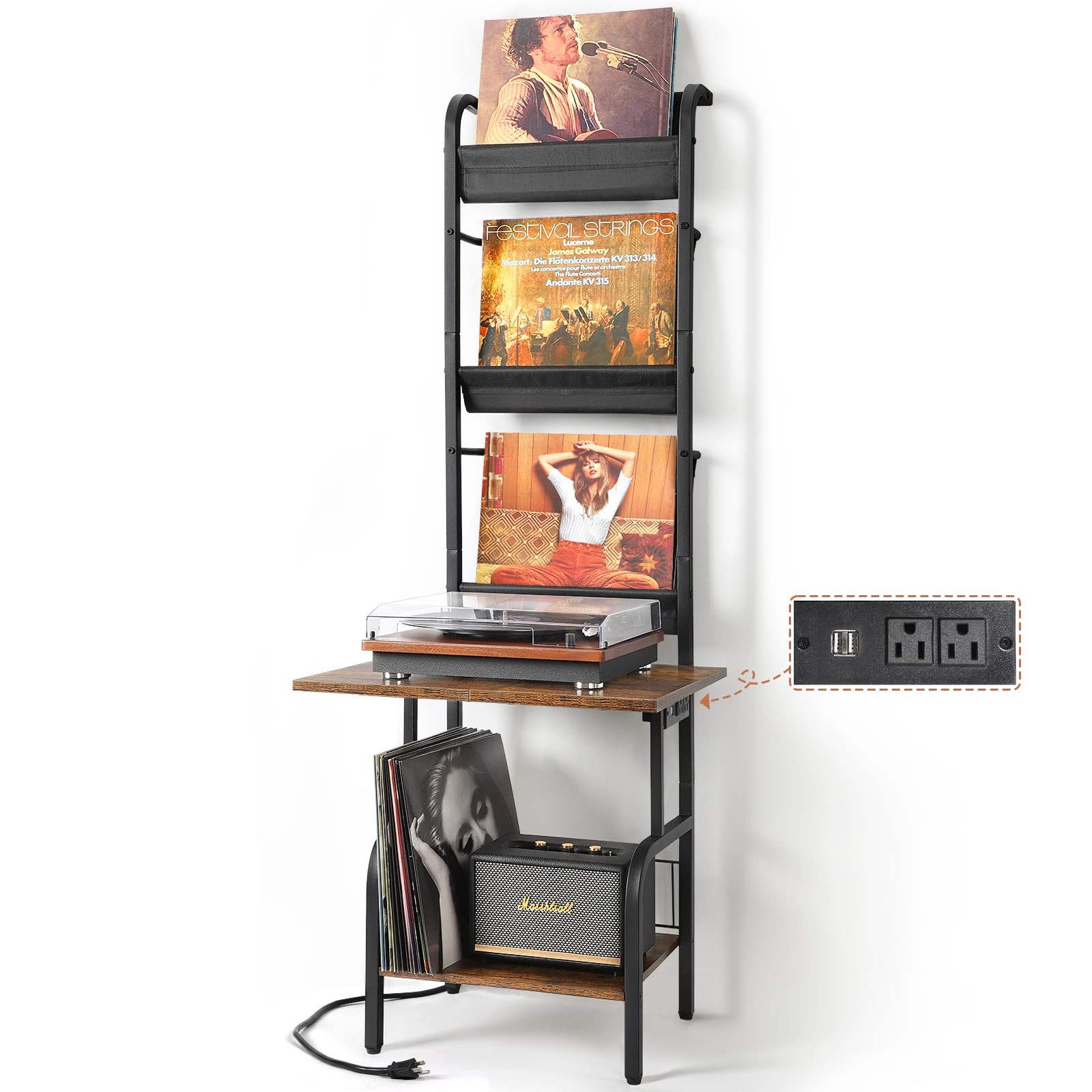 Vinyl Record Player Stand with Built-in Power Outlet and Storage Shelf-image