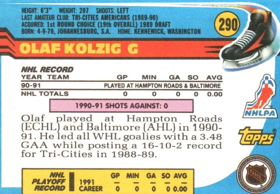 Olaf Kolzig G Capitals Topps Ice Hockey Card No 290 1991 - Image 2 of 2