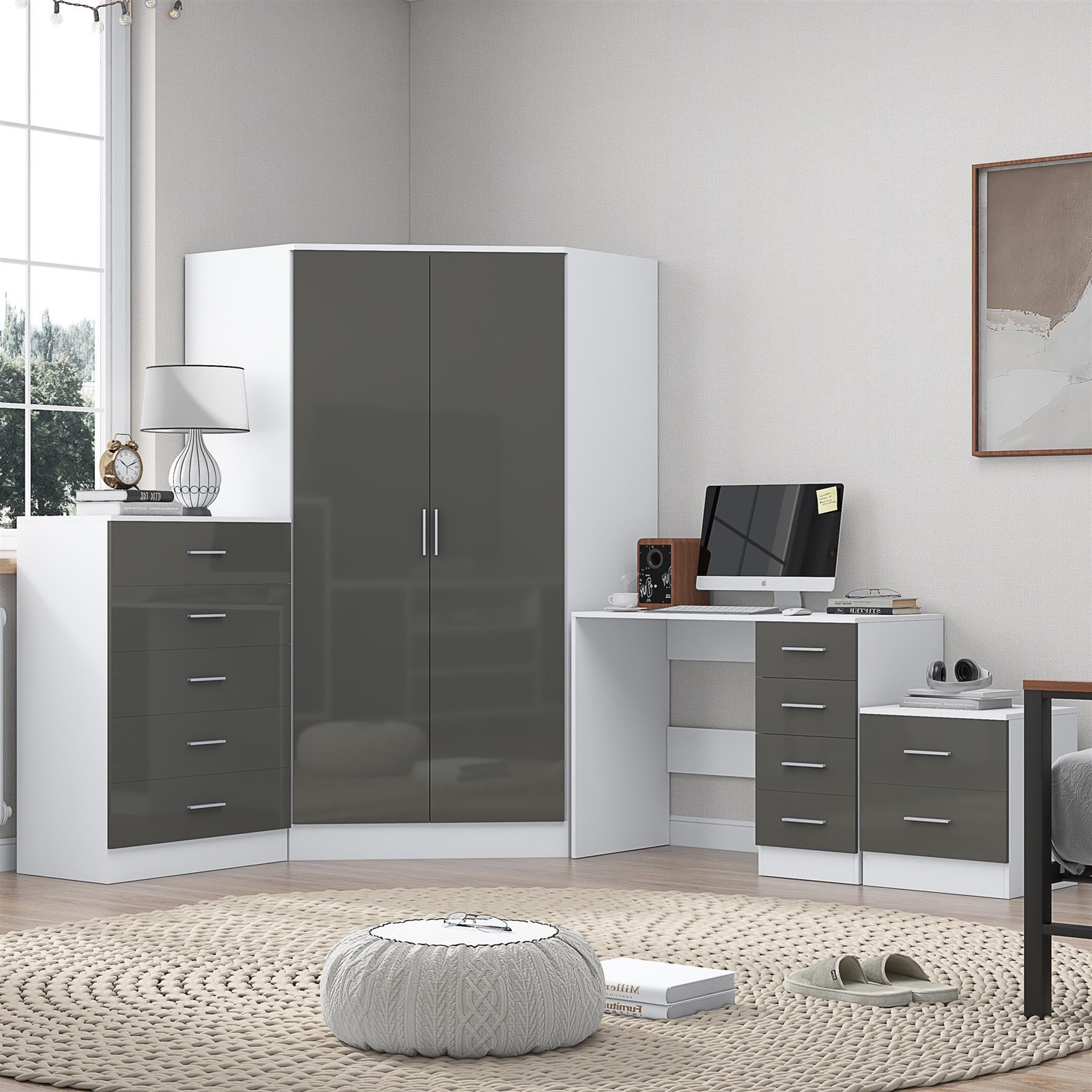 REFLECT Corner Wardrobe + Chest + Bedside + Desk - Grey/White - Image 3