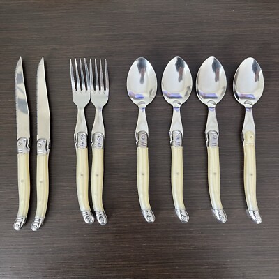 Laguiole Heritage Ivory & Silver Flatware 8 Pcs Set: 2 Knives, 2 Forks, 4 Spoons