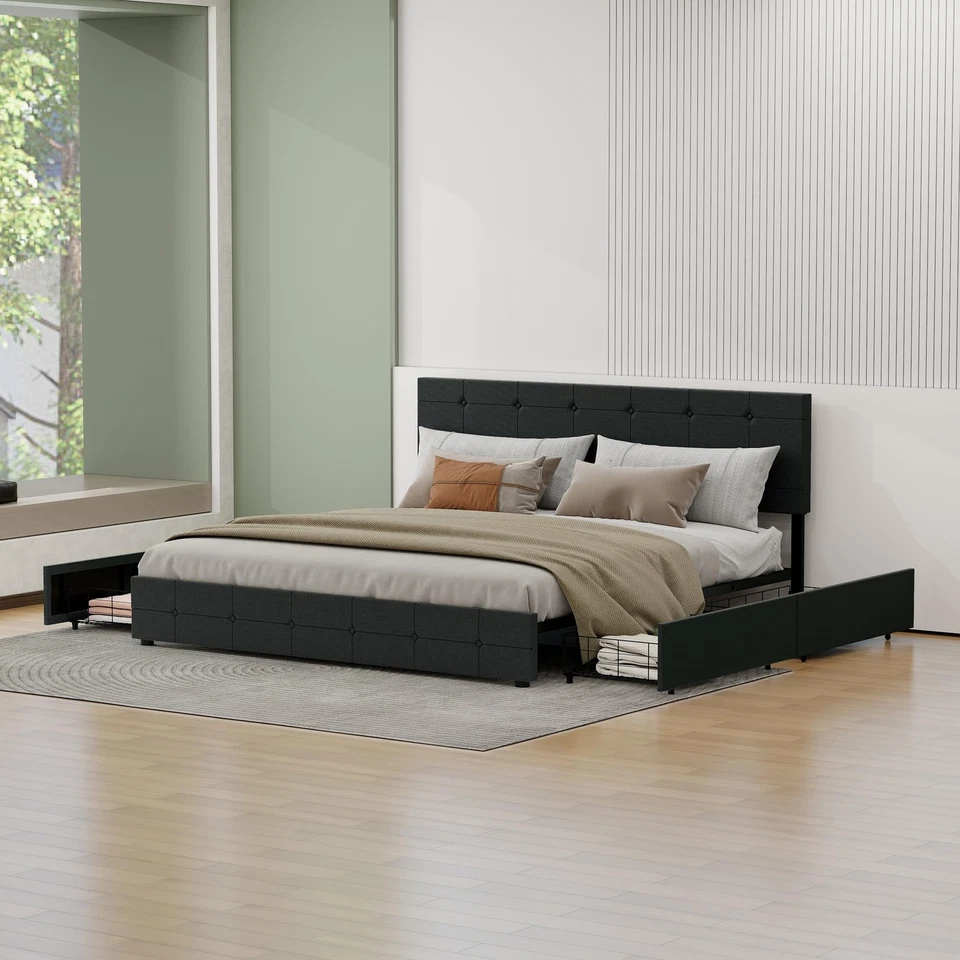 Cama plataforma tapizada de fácil montaje con cajones de almacenamiento soporte fuerte Foto 4 de 4