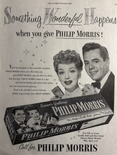 1953 Philip Morris Cigarettes Lucille Ball Desi Arnez Christmas Vintage Print Ad