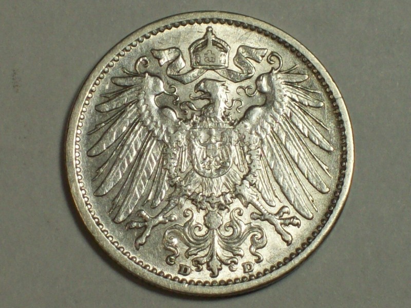Silver 1907-D Germany Empire   Mark     KM#14    AU    SN6066