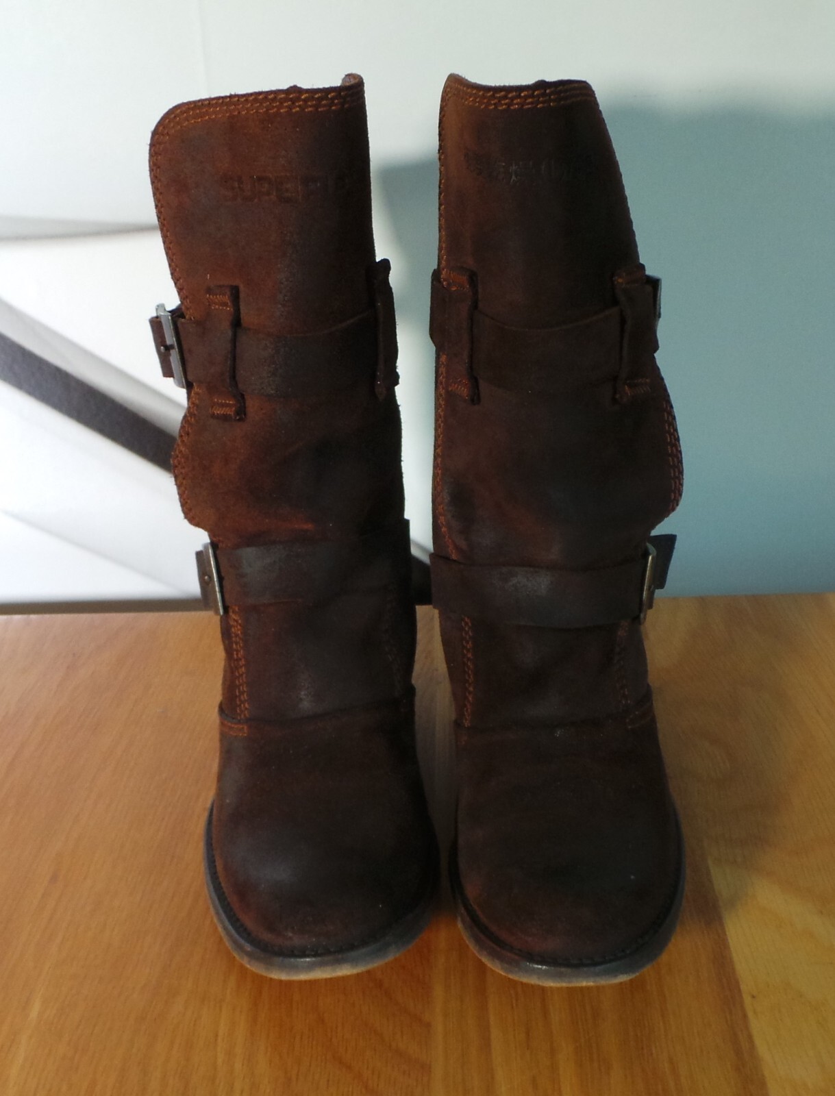 Superdry Dark Brown Suede Leather Winter Biker Boots Size 4/37 image 5