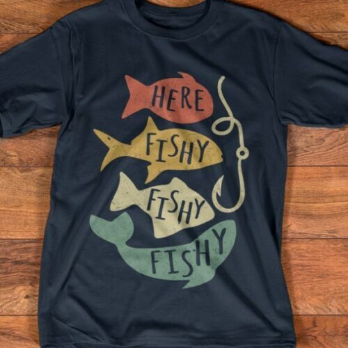 Here Fishy Fishy Fishing Funny Vintage Gift T Shirt Black Tee S5XL eBay