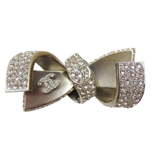 CHANEL Crystal Bow CC Brooch Silver Metal