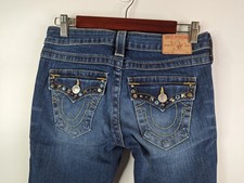 True Religion Women's Joey Flare Dark Wash Studded Denim Jeans Size 26 Y2K