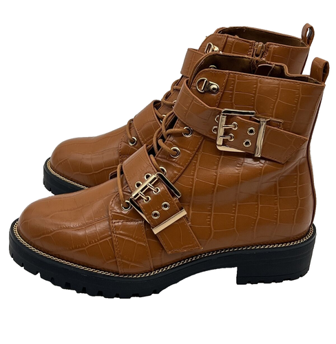 Asos Boots Women’s US 10 Wide Tan Faux Leather Croc Embossed Aubrey Lace Up - Picture 2 of 16