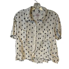So Crop Top Button Up Womens Large White Black Triangles Short Sleeve Relaxed