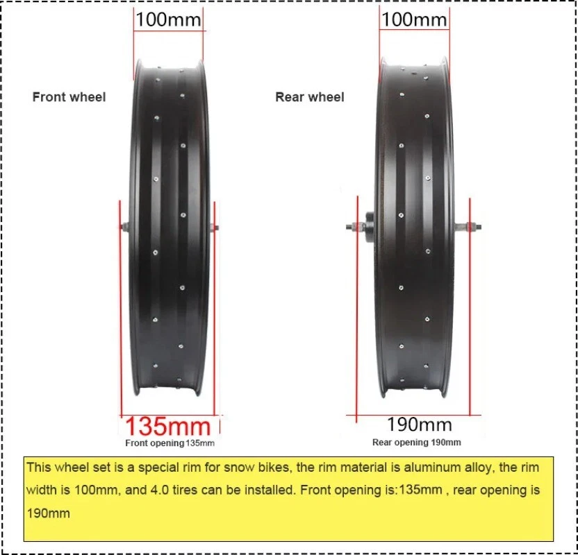26/24/20x4.0inch Snow Beache Bike Wheelset Disc Brake Fat Tire Front Rear Wheels - Image 3 of 4