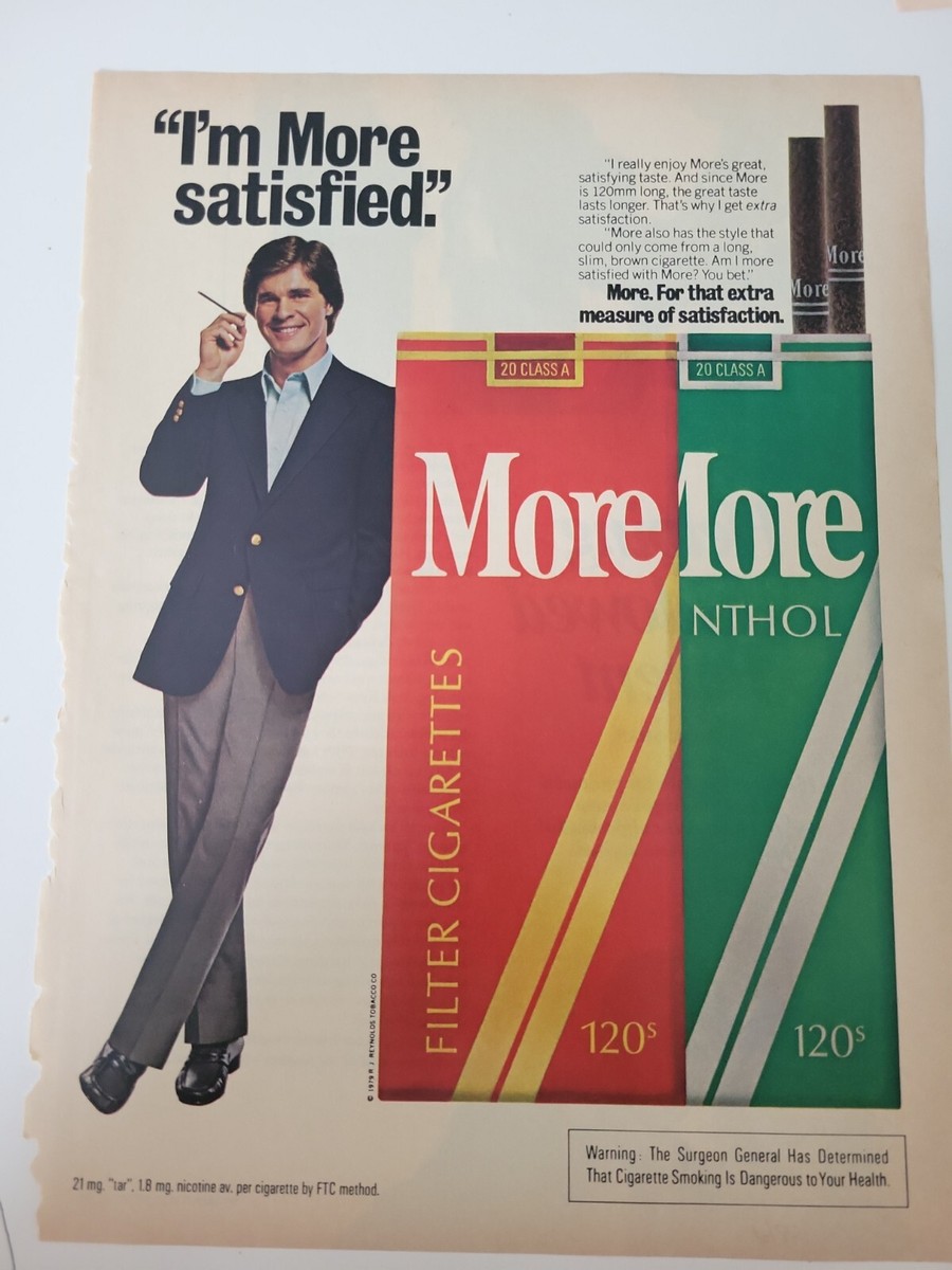 1980 More filter menthol cigarettes handsome man smoking vintage ad