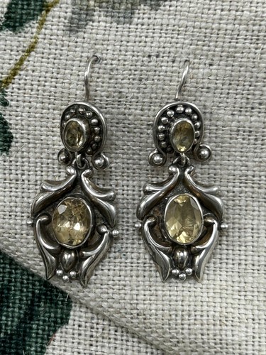 VINTAGE pair 925 silver and CITRINE decorative drop earrings - Picture 4 of 11