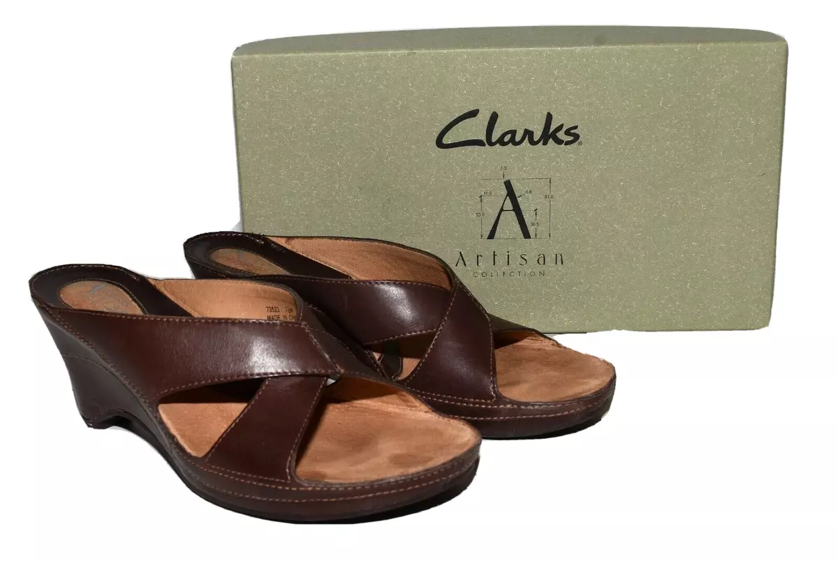 Clarks Artisan Collection Sandals Women 6M Brown Leather Woven Wedge Heels  73693 | eBay