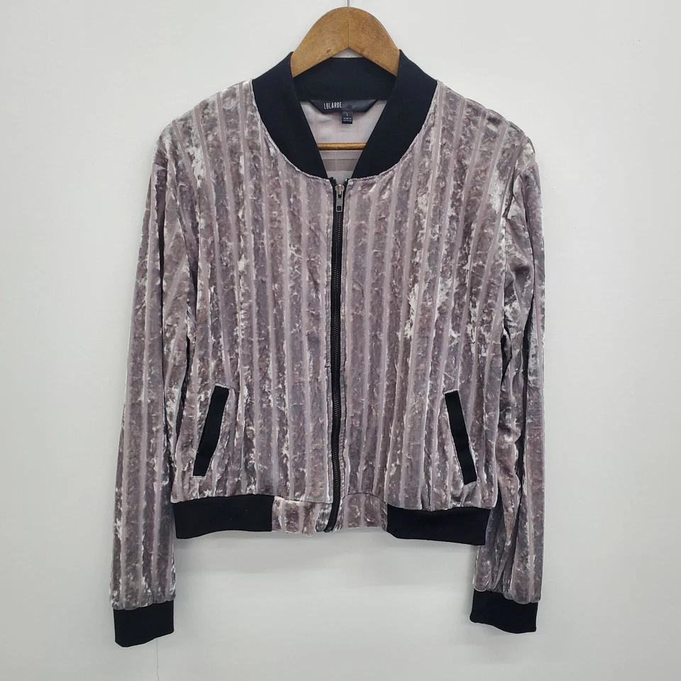 LuLaRoe Womens L Light Grey Crushed Velvet Bomber Jacket Zip Up Striped Ribbed - Image 3 of 4