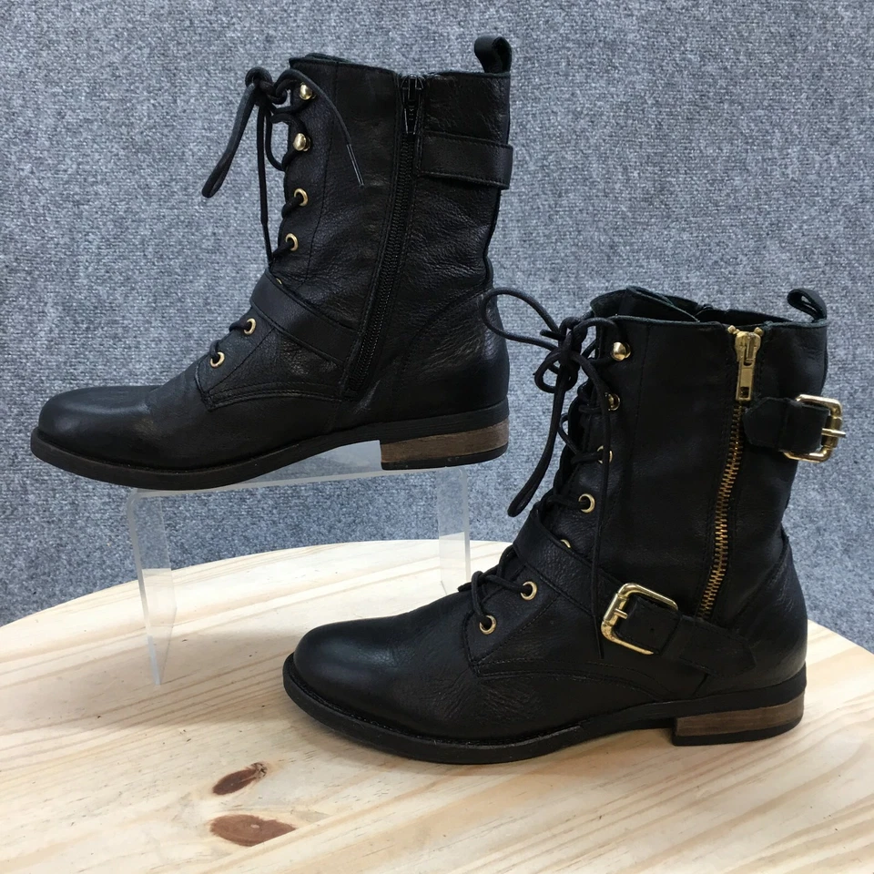 Aldo Combat Bots Mujer 8 Cuero Negro Punta Redonda Hebilla Cremallera Lateral Tacones Cubanos Foto 2 de 4