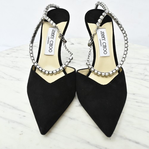 Jimmy Choo Saeda 100 Blk Suede Stiletto Pumps Crystal Embellishment Chain Sz 40 - Picture 9 of 12