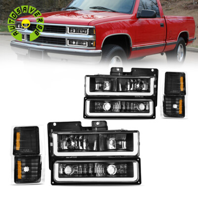 DRL LED Black Headlights For 1994-1999 Chevy C/K Tahoe Suburban Bumper Headlamps