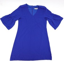 Belongsci Dress Womens Small BLue Zip Flare Sleeve Shift Dress V-Neck LIned