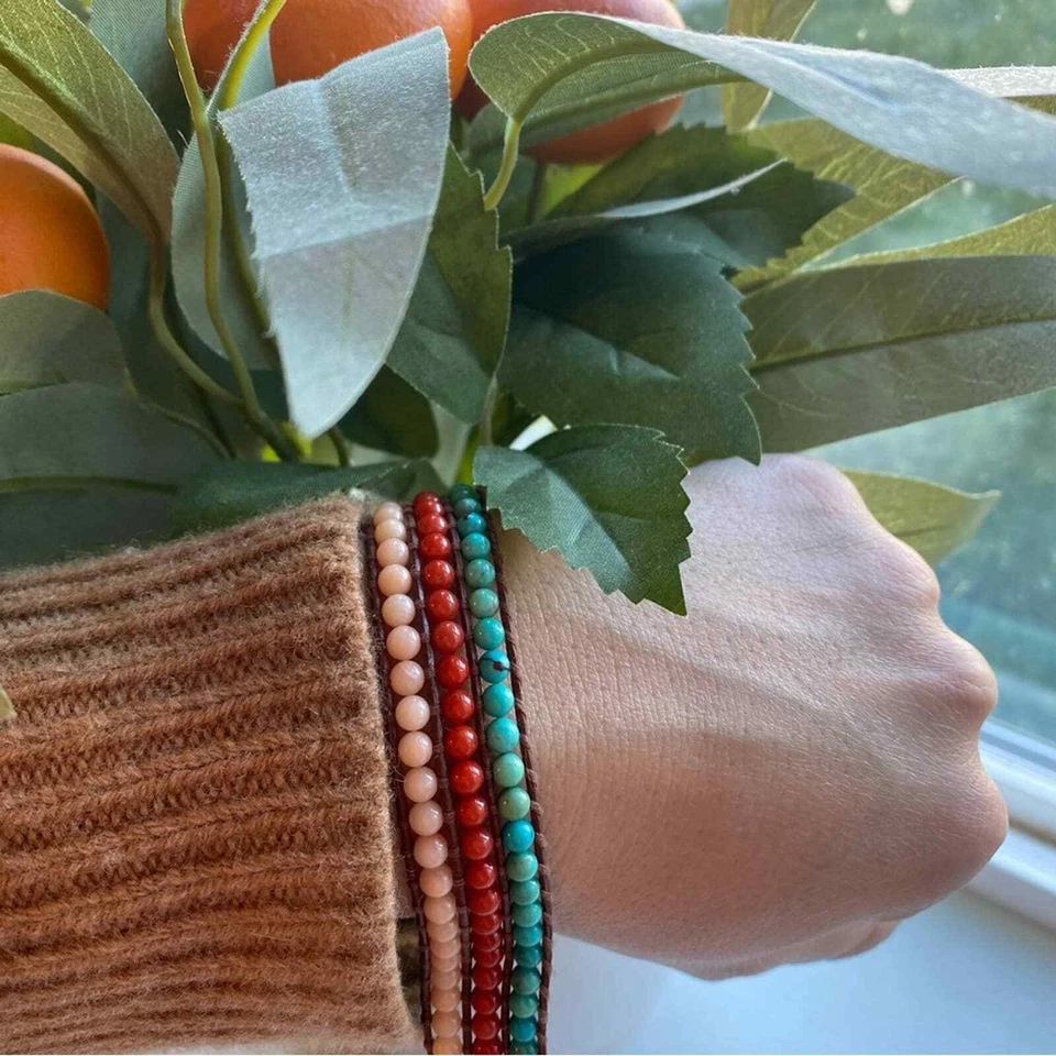 NUEVO Brazalete Envolvente de Cuero Chan Luu Con Cuentas Coral Azul Rosa Foto 2 de 4