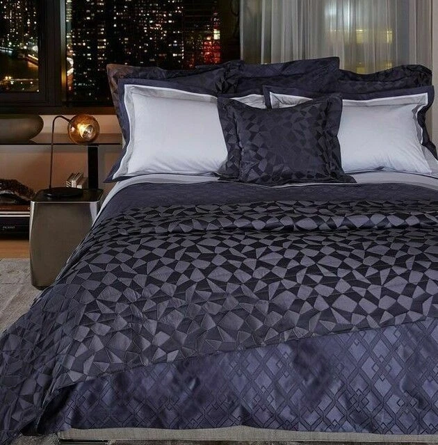 $950 NEW Frette 2 PC Sham SET Lux Relief SILK Dark Navy Blue Grey EURO SHAMS - Image 4 of 4