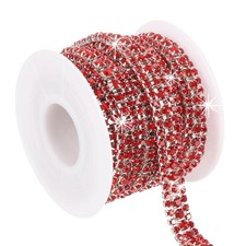 3 Yards Rhinestone Chain Roll, 3 Rows Crystal Close Chain, Silver/Red