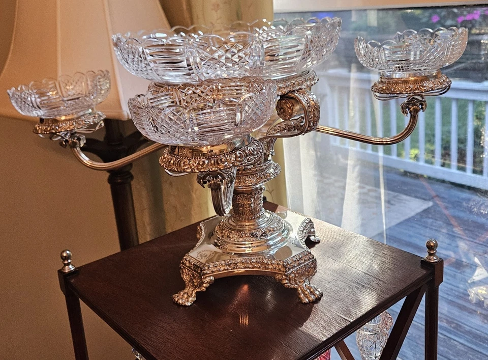 Armorial de cristal corte 4 brazos Sheffield Silver Epergne década de 1850 Newell fama escocesa Foto 2 de 4