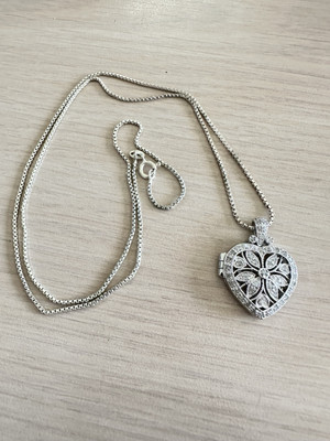 Nachlass 1/4 kt Diamant Herz Medaillon Anhänger Halskette 22 Zoll Sterlingsilber 0,925