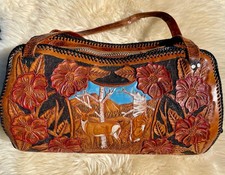 Womens carved leather Bag with Carved deer on...