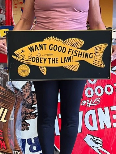 Vintage Anitque Old Style Metal Sign Good Fishing 24x12 Made in USA