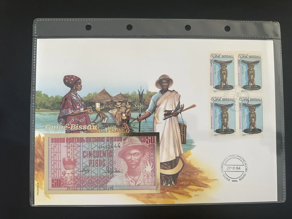 Guiné-Bissau 1984 enveloppe numismatique billet 50 pesos timbres art - Photo 1/1