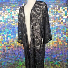 Wild Moss Black Floral Lace Longline Kimono Duster Crochet Trim Womens Medium
