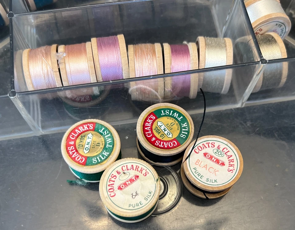 Vintage Silk Thread Lot 54 Wooden Spools Coats Clark Belding Corticelli + Caddy - Image 3 of 4