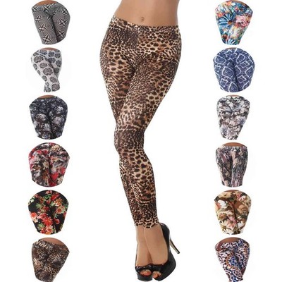 Damen weiche Stoff Leggins lang Blume bunt Stretch 34 36 38 40 42 44 S M L XL