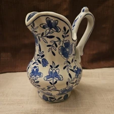 Vintage Andrea by Sadek  Blue & White Floral Small Handled Pitcher Vase Creamer