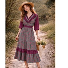 Vintage 1980s silk dress Prairie Smocked Ruffle Midi 1X XXL 18 Boho Cottage Core