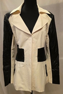 BEBE CORSET STYLE COAT JACKET WHITE BLACK FAUX LEATHER TRIM SIZE L NEW W/OUT TAG
