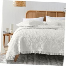 Ruffled Quilt Queen Size, Stone-Washed Full/Queen 90"x 96" Cream White