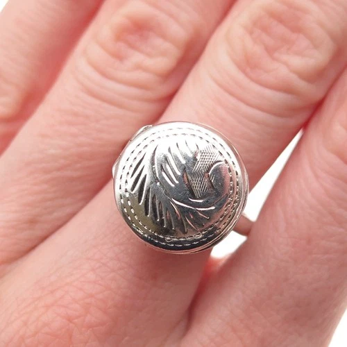 925 Sterling Silver Vintage Engraved Floral Locket Ring Size 9
