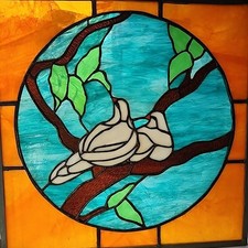 Vtg Stained Glass Wall Or Window Hanging Panel Lovebirds Doves Suncatcher 16.75"