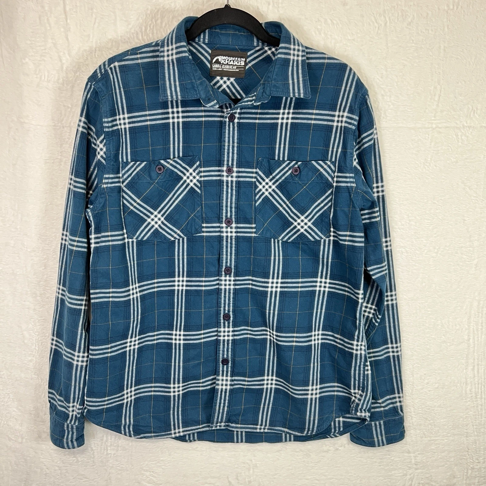 Mountain Khakis Flannel Shirt Mens L Blue Plaid Classic Outdoors Hiking Camping