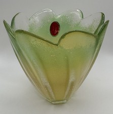 Murano Art Glass Vase Gold Green Scalloped Rim Hand Blown Italy 5  