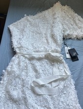 NWT Size 14 Adrianna Papell Ivory Floral Embroidered Dress 1 Sleeve -Ribbon Belt