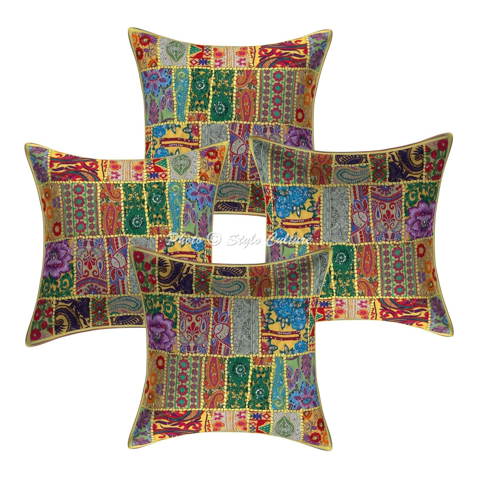 Boho Vintage Patchwork Throw Pillow Covers Cotton Yellow 45x45 cm Home Decor